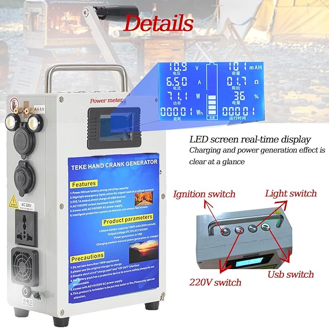 Outdoor Large Capacity Hand Crank Generator 220V/110V 200W/500W High Power Generator Emergency Lighting Tool for Outage/Field Exploration 46AH/500W