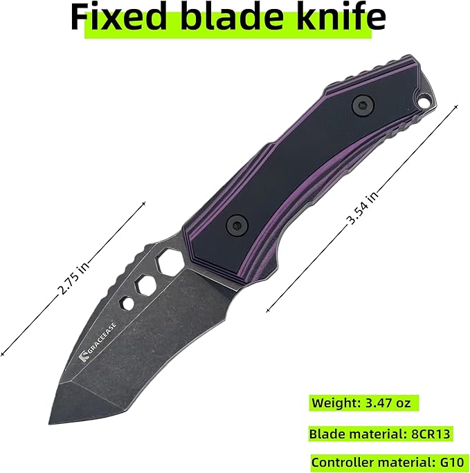 Fixed blade knife anti slip G10 handle with Kydex sheath suitable for outdoor camping and hiking (Purple)