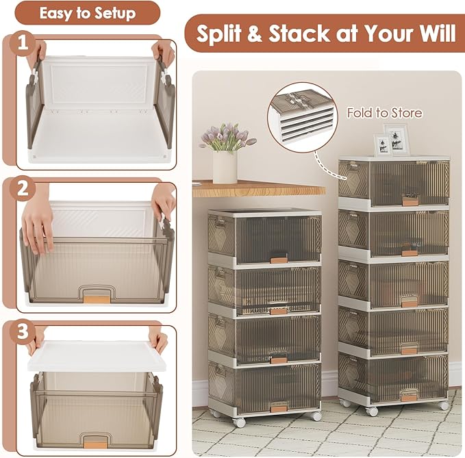 Giantex 5 Tier Stackable Storage Bins with Lids 22.5 Gal Foldable Shoe Storage Box with Detachable Wheels &amp Flip-Up Doors Collapsible Closet Organizers and Storage Bins