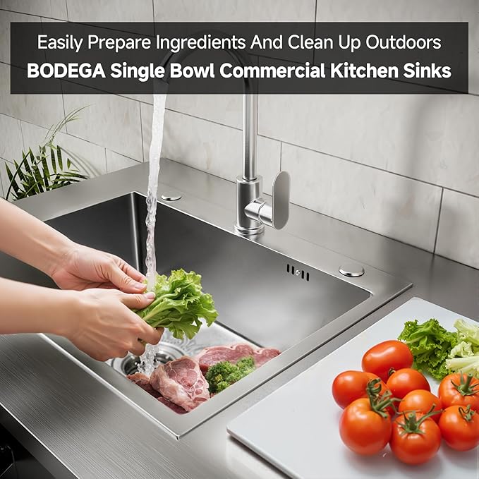 BODEGA Stainless Steel Outdoor Kitchen Sink Cabinet Outdoor Sink With Hose Hook UpSingle Bowl Kitchen Sinks With Brake Wheels &amp Spice Rac All-Weather Use Mobile Prep Station for BBQ Camping