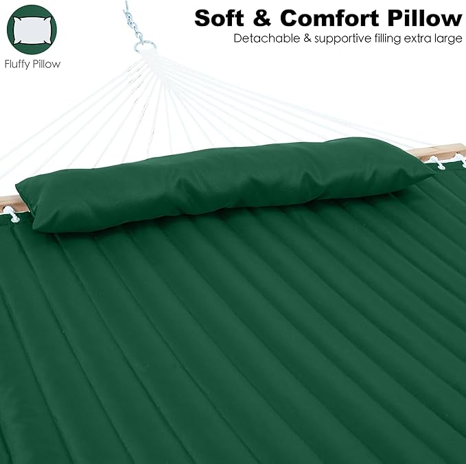 GAFETE Hammock 2 Person Quilted Fabric Hammocks for Outside Double 12ft Hammocks with Spreader Bar Large Removable Pillow Storage Bag Carabiners Max 475 lbs Capacity (Night Green)