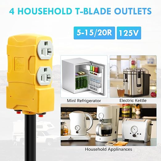 50 Amp to 20 Amp 110V RV Distribution AdapterNEMA 14-50P to 4 X 5-20R/15R RV 4-Prong to Mutiple Household Outlet w/ 20Amp Circuit Breaker RV Generator Distribution Cord (TT-30P-4 X 5-20R/15R)