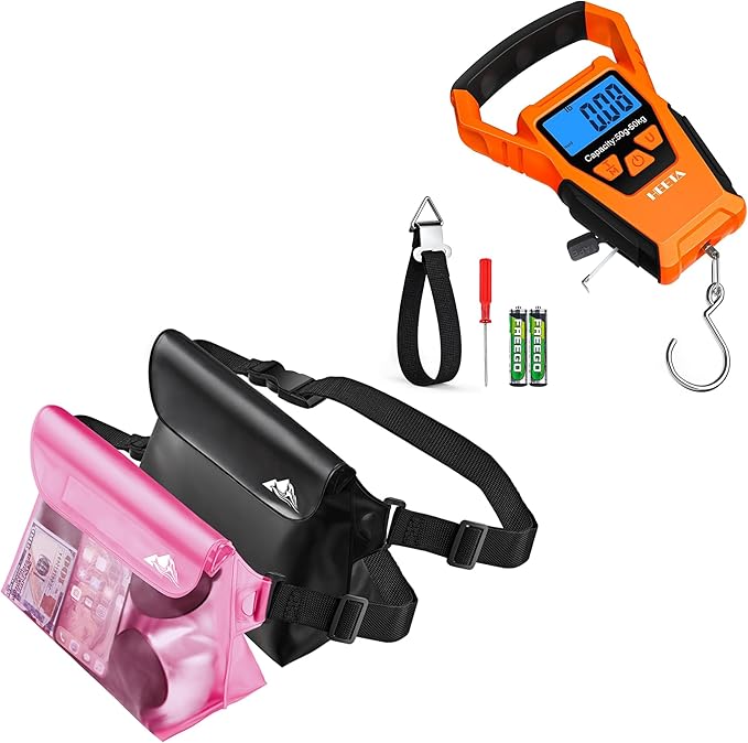 HEETA 2-Pack Waterproof Pouch with Waist Strap Transparent Screen Touchable Dry Bag Bundled with Waterproof Fish Scale Digital with Backlit LCD Display