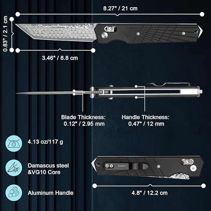 AUBEY Damascus Axis Lock Pocket Knife 3.46 Tanto Blade Crossbar Lock Folding Knives with Clip for Men Women Aluminum Handle with Glass Breaker for EDC Camping Gift