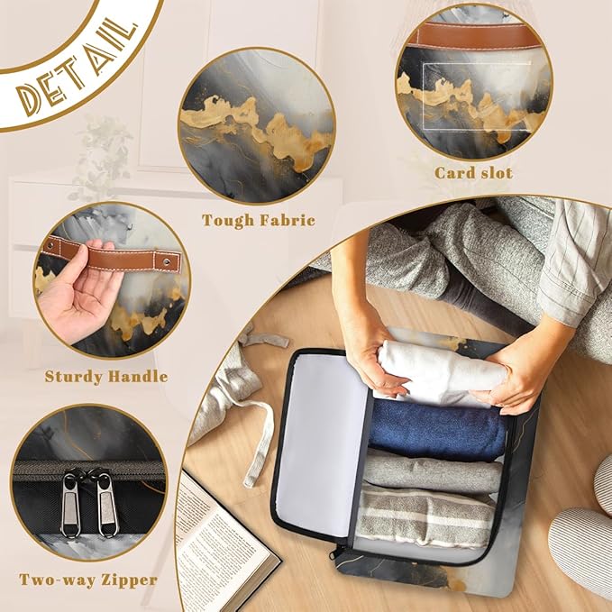 Marble Storage Bins with Zipper Lid Gold Black Marble Fabric Lidded Storage Baskets Cubes with Handles Decorative Foldable Shelf Closet Organizer Container