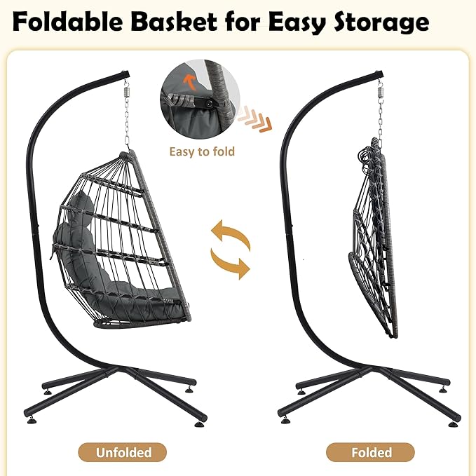 TITIMO Foldable Hanging Egg Chair with Stand Indoor/Outdoor Wicker Swinging Chair with Comfortable Cushion and Headrest Rattan Hammock Chair for Patio Bedroom Balcony Garden 350LBS Capacity