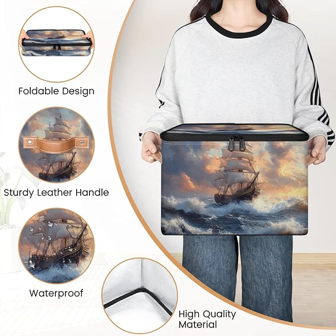 Storage Bins with Lids Ship Ocean Storage Basket Clothes Organizer with Handles Closet Storage Containers for Clothing Bedding Blanket