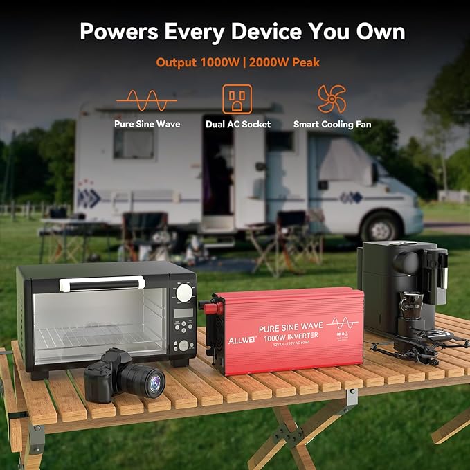 ALLWEI Pure Sine Wave Inverter - 1000 Watt Inverters 12V DC to 110V/120V AC Converter for Home RV Truck Off-Grid Solar Car Power Inverter with 2 Sockets Power Inverters for Vehicles 2000W Peak