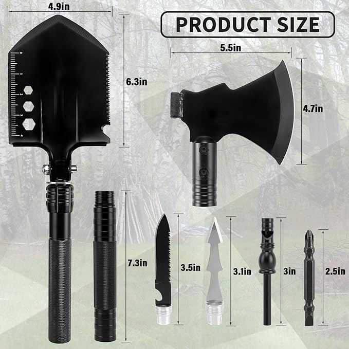 Survival Shovel Survival Axe Heavy-Duty Carbon Steel Camping Folding Shovel with Multiple Extension Handles(7.3-21.9In) Suitable for Survival Tools in Camping Off-Road Excavation and Hiking