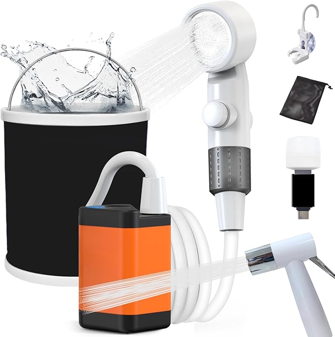 Portable Shower for Camping with Reverse Charging FunctionPortable Shower Pump with Rechargeable ElectricPortable Shower HeadPortable Hosewith 3 Spray Modes for CampingHikingTraveling