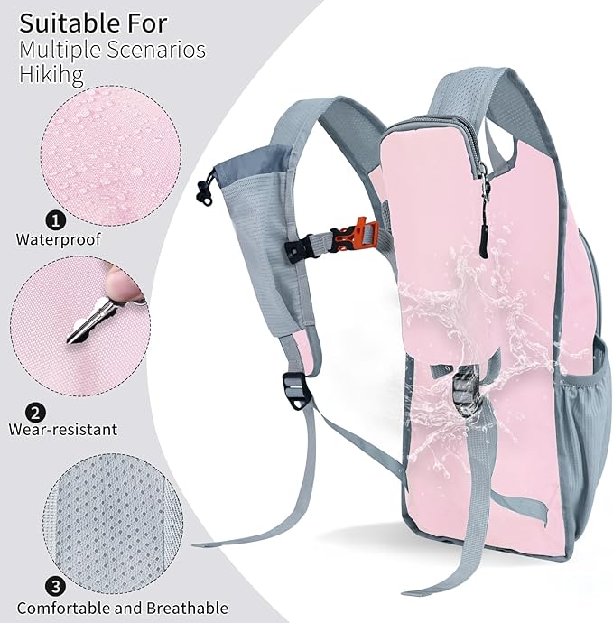 Hiking Backpack 10L/15L Small Daypack Lightweight Packable Travel Foldable Water Resistan for Women Men (Pink 15L)