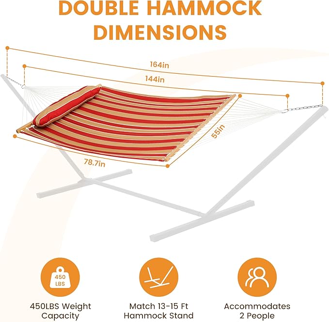 Lazy Daze Hammocks Hammock Quilted Fabric with Pillow for Two Person Double Size Spreader Bar Heavy Duty Stylish Red &amp Tan Stripe