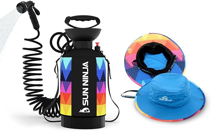 SUN NINJA Portable Shower and Bucket Hat Bundle with Multi-Spray Shower Head Neoprene Cover UPF 50+ Reversible Sun Hat Shoulder Strap - Outdoor Camping Beach Hiking &amp Sun Protection