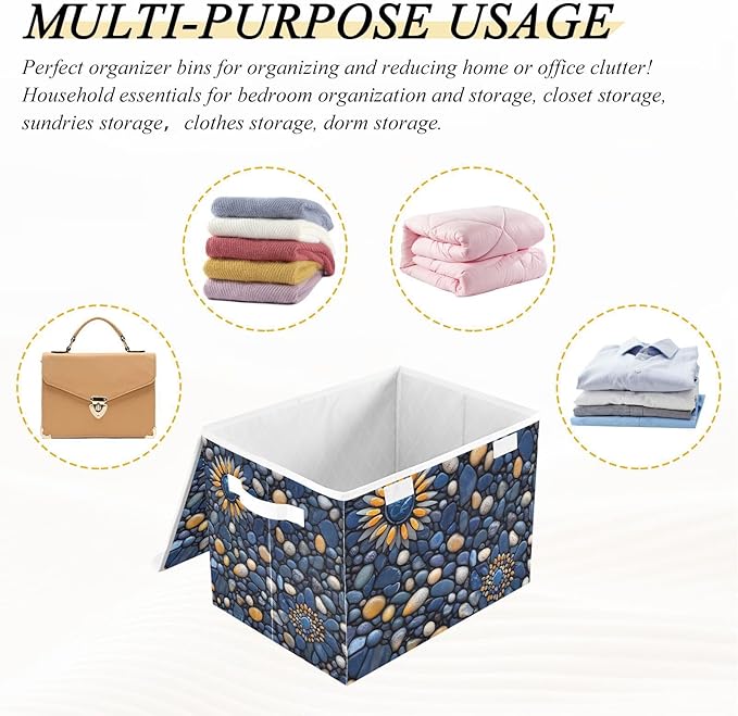 Storage Cube with Lid Pebble Blue Print 16.5×12.6×11.8 IN 1 Pack Collapsible Large Capacity Foldable Storage Basket Bin Organizer