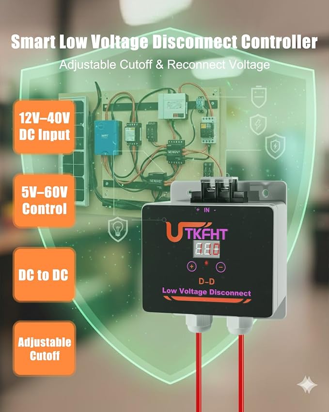 Low Voltage Disconnect Controller 12V-40V DC-DC Smart Battery Protection Module with Adjustable Cutoff Silent Solid-State Switch Real-Time Voltage Monitoring for RV Solar System and DC Projects