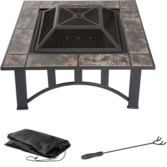 Fire Pit - 33-Inch Outdoor Firepit Table with Screen Cover and Poker - Outdoor Fire Pits for Backyard Deck Patio or Porch by Pure Garden (Black)