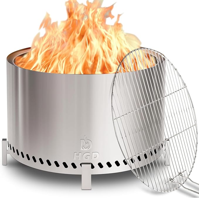 HGD 27.5 Smokeless Firepit with Stand &amp Grill Rack Large Stainless Steel Wood Burning Fire Pit for Friends &amp Family Gatherings Secondary Combustion Outdoor Patio Stove for Garden BBQ &amp