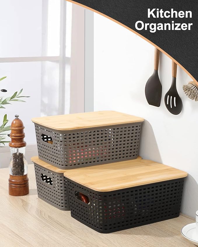 AREYZIN Storage Bins with Bamboo Lids Set of 6 Lidded Storage Container Plastic Baskets Organizer Bins for Organizing Kithen Room Bedroom Office Closet Sturdy(Black)