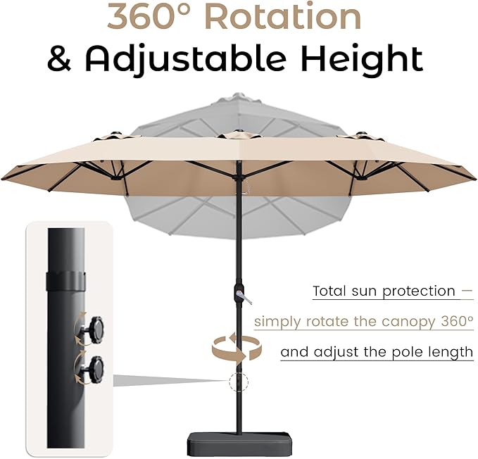 DomeShade 15ft Patio Umbrella with BaseLarge Outdoor Double-Sided Rectangle Umbrella with Crank Handle Market Umbrella for Poolside Garden Deck Backyard Beach Pools Beige