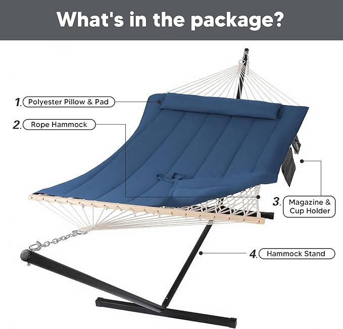 SUNCREAT Double Portable Rope Hammock with Stand Included Outdoor Two Person Hammock with Polyester Pad Navy