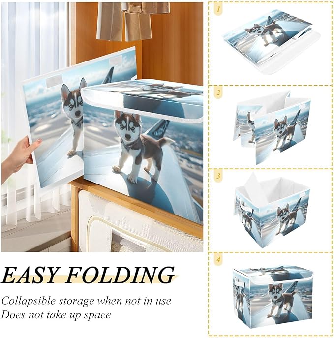 AIXIWAWA Lidded Storage Cube (Husky on Plane) Fabric Foldable Closet Bins with Flip Lid and Handles Organizer Basket Container 16.5 x 12.6 x 11.8 IN