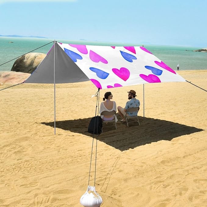 Beach Canopy with Windproof Ropes &amp Sandbags Beach Tent Sun Shade Sun Shelter for Camping Trips Fishing Backyard Fun or Picnics Heart