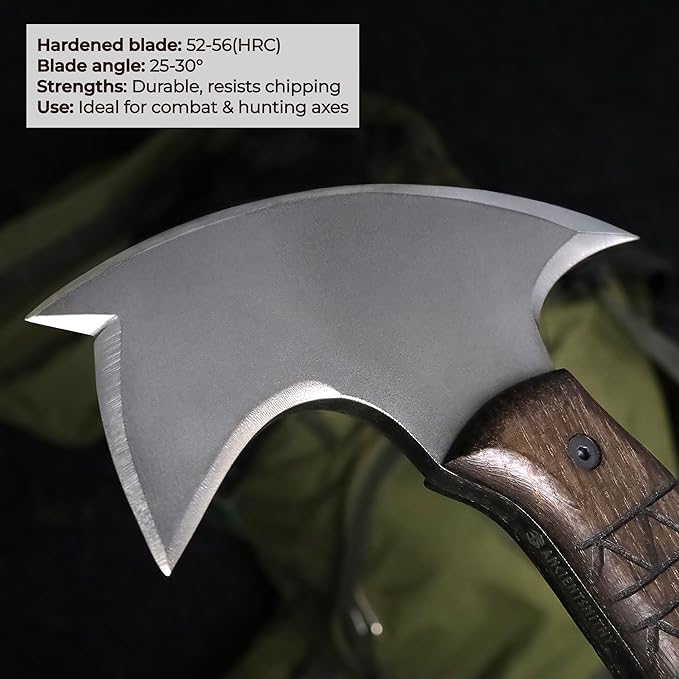 AncientSmithy Tomahawk Axe - Handmade Tactical Tomahawk Hatchet - Full Tang Combat Axe for Military Camping and Outdoor Activities (Three Spikes Oak Handle Kydex Sheath)