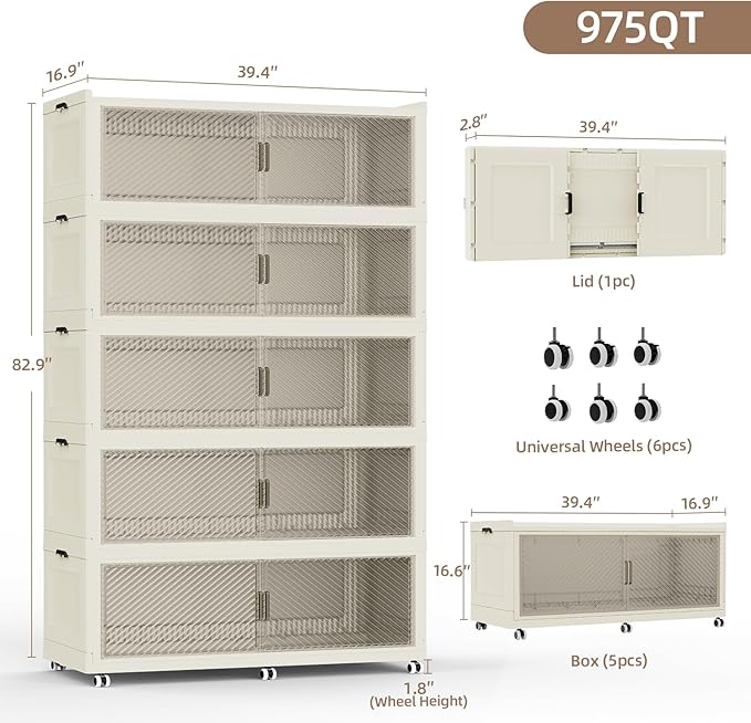 SAILUN 400Gal Extra Large Stackable Storage Bins with a Lid Collapsible Storage Bins With Doors and Wheels Foldable Storage Cabinet for Garage Closet Organization Beige 5Pack