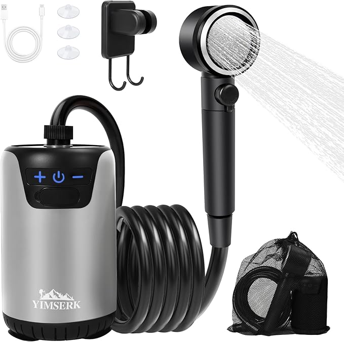 8000mAh Portable Camping Shower 10-Speed Camp Shower Pump LED Display 4 Spray Modes IPX8 Waterproof Outdoor Shower Kit for Hiking Travel Pet Car Wash
