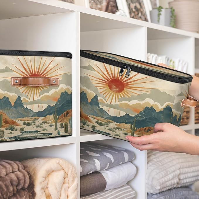Cactus Storage Bins with Lids Desert Sunset Fabric Storage Boxes with Zipper Collapsible Decorative Closet Organizer Cube for Clothes Organizing Shelves