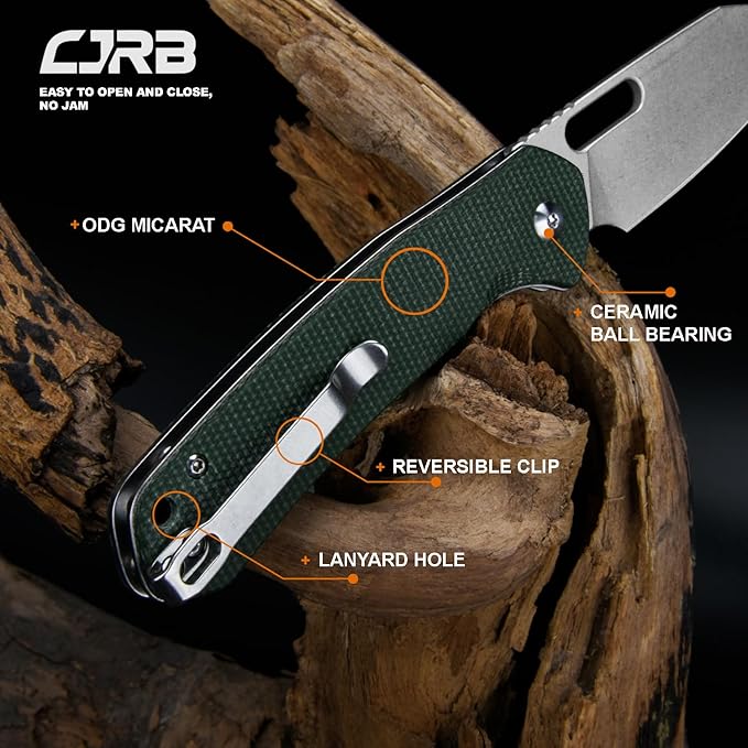 CJRB Pyrite-Alt (J1925A) Folding Pocket Knife with 3.11'' Stone Wash AR-RPM9 Wharncliffe Blade Dark Green Micarta HandleButton Lock EDC Knife with Thumb Hole for TacticalOutdoorHiking and Gift