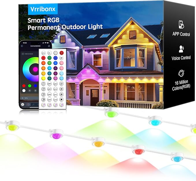50FT Permanent Outdoor RGB LightsIP67 Waterproof Smart LED Eaves Lights with App/Remote Controlfor Christmas and All Holiday DecorDaily and Accent LightingHouse Roof and Garden Lighting