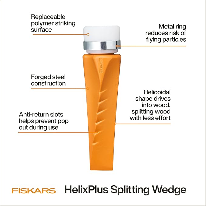 Fiskars HelixPlus Splitting Wedge for Large Logs – Forged Steel Wood Splitting Wedge with Spiral Design &amp Vibration-Dampening Striking Head 2.5 x 9.5 x 2.5
