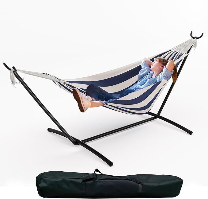 Double Cotton Hammock with Steel Stand for Outside Brazilian Style 450lbs Capacity Portable Indoor Outdoor Lounger with Carry Bag 2-Person Capacity Ideal for Backyard Garden Camping Blue