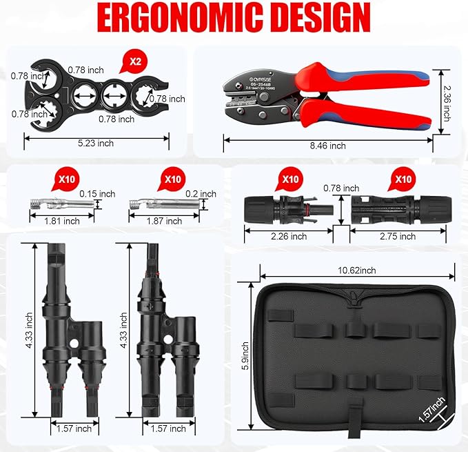 OYMSAE Solar Crimper Tool Kit with Y Connector - 24 PCS Solar Tools for PV MC4 Connectors: 10-14AWG Ratcheting Crimper 10 Pairs Connectors 2 Wrenches