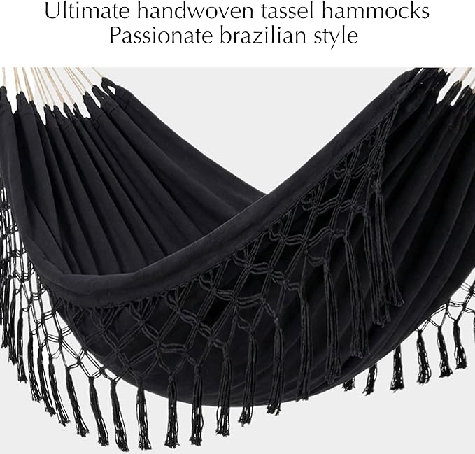 PNAEUT Double Hammocks for Outside Replacement 2 Person Outdoor Tree Hammock for Indoor Patio Porch Garden (Tassel Black Medium)