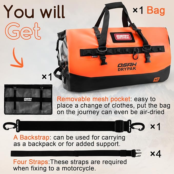 OSAH DRYPAK Waterproof Duffel Bag 25L/40L/60L – Heavy-Duty Motorcycle Tail Bag Roll-Top Dry Bag for Travel Camping Boating Kayaking Outdoor Adventure