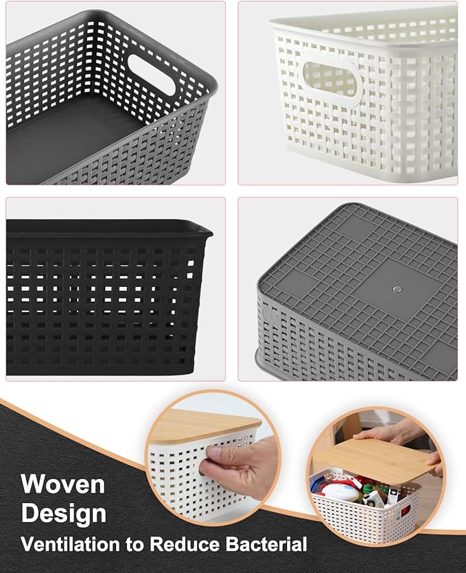 AREYZIN Storage Bins with Bamboo Lids Set of 6 Lidded Storage Container Plastic Baskets Organizer Bins for Organizing Kithen Room Bedroom Office Closet Sturdy(Black)
