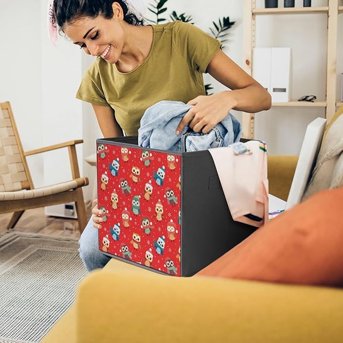 Collapsible Storage Bins with Handles Christmas Owl Red Large Capacity Foldable Cube Box for Blankets Comforters Pillows Perfect for Linen Closet Storage