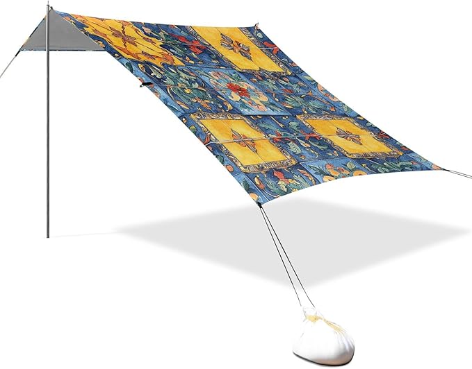 Bohemian Boho Vintage Mandala Style Flower Beach Cabana UPF50+ Protection Waterproof Portable Sun Shelter Includes Sand Shovel Sandbags Stability Poles for Camping Trips Fishing Backyard