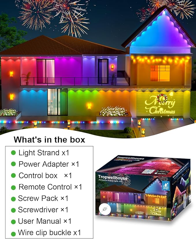 Permanent Outdoor Light Pro 100ft with 72 RGB+IC LED Lights 90 Scene Modes AI Light Design IP67 Waterproof for Halloween Christmas Decor and Daily Lighting Work with Alexa Google