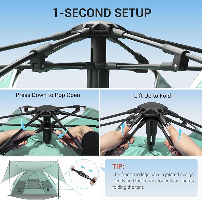 Elegear CumbreX™ Beach Tent with 360° Removable Canopy 4-6 Person Pop Up Sun Shade Shelter UPF 50+ Automated Installation Double Silver Coating Portable Lightweight Beach Cabana for Outdoor - Green