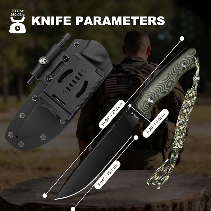 Full Tang Survival Knife YS-X1 - Razor Sharp Fixed Blade with Sheath 8Cr14MoV Steel for Camping &amp Bushcraft Includes Fire Starter &amp Tools