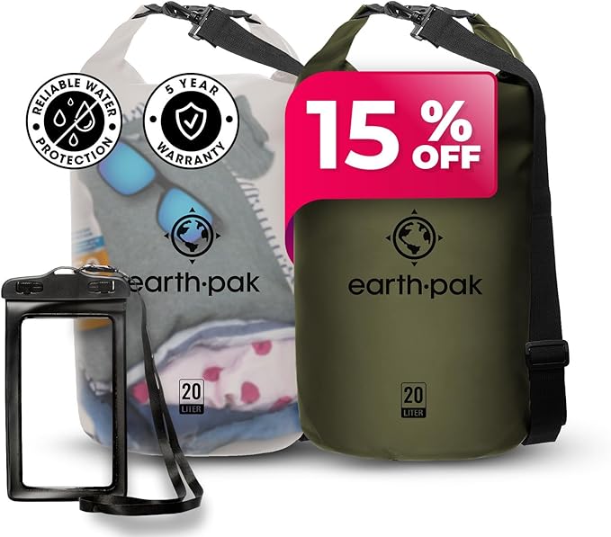 Earth Pak Waterproof Dry Bag - Roll Top Waterproof Backpack Sack (20L Clear &amp 20L Green)