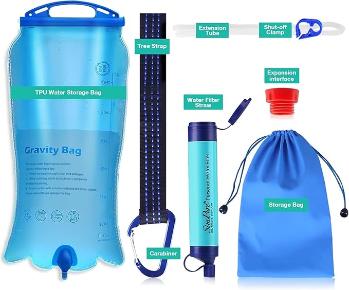 SimPure Gravity Water Filter Portable Gravity-Fed Water Purifier with 3L Bag Tree Strap BPA Free Survival Gear and Equipment for Camping Hiking Emergency Preparedness