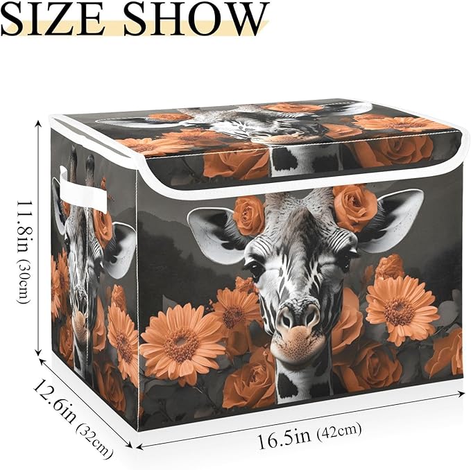 AIXIWAWA Lidded Storage Cube (Orange Floral Giraffe) Fabric Foldable Closet Bins with Flip Lid and Handles Organizer Basket Container 16.5 x 12.6 x 11.8 IN