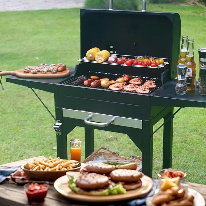 MASTER COOK Charcoal Grills with Two Side Tables 332 SQIN Cooking Area Outdoor Smoker Barbecue bbq grill for Camping PatioBackyard Party Picnic Black