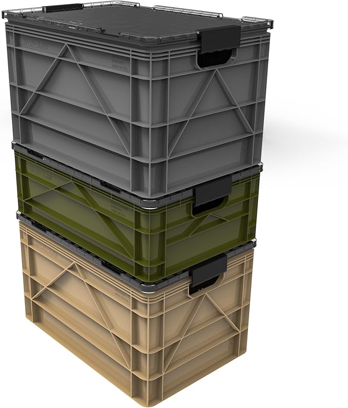 SIDIO CRATE Pro Pack - Two Full Size and One Half Size Heavy Duty Stackable Storage Bins Totes and Containers with Lids and Dividers - Durable Organizer for Home Office Garage and Outdoor Use