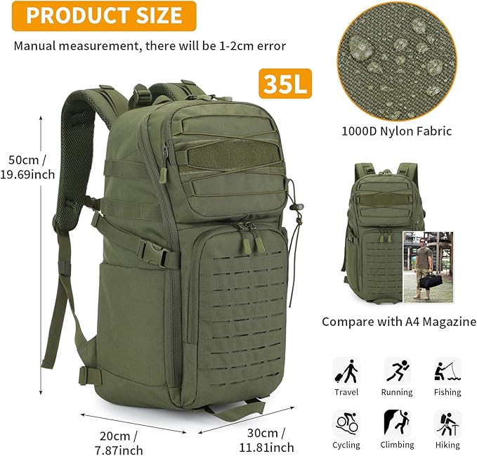 HUNTVP Tactical Backpack for Men 35L Military Backpack MOLLE 1000D Army Daypack 3 Day Bug Out Bag for Work Camping Hiking Outdoor Army Green