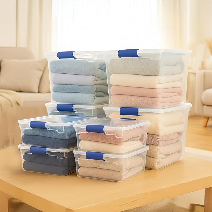 HOMZ Secure Latch Clear Plastic Storage Organizer Bins 31 Quart (4-Pack) &amp 15.5 Quart (4-Pack) Blue Latches - Stackable Organizing Containers for Home Garage and Office